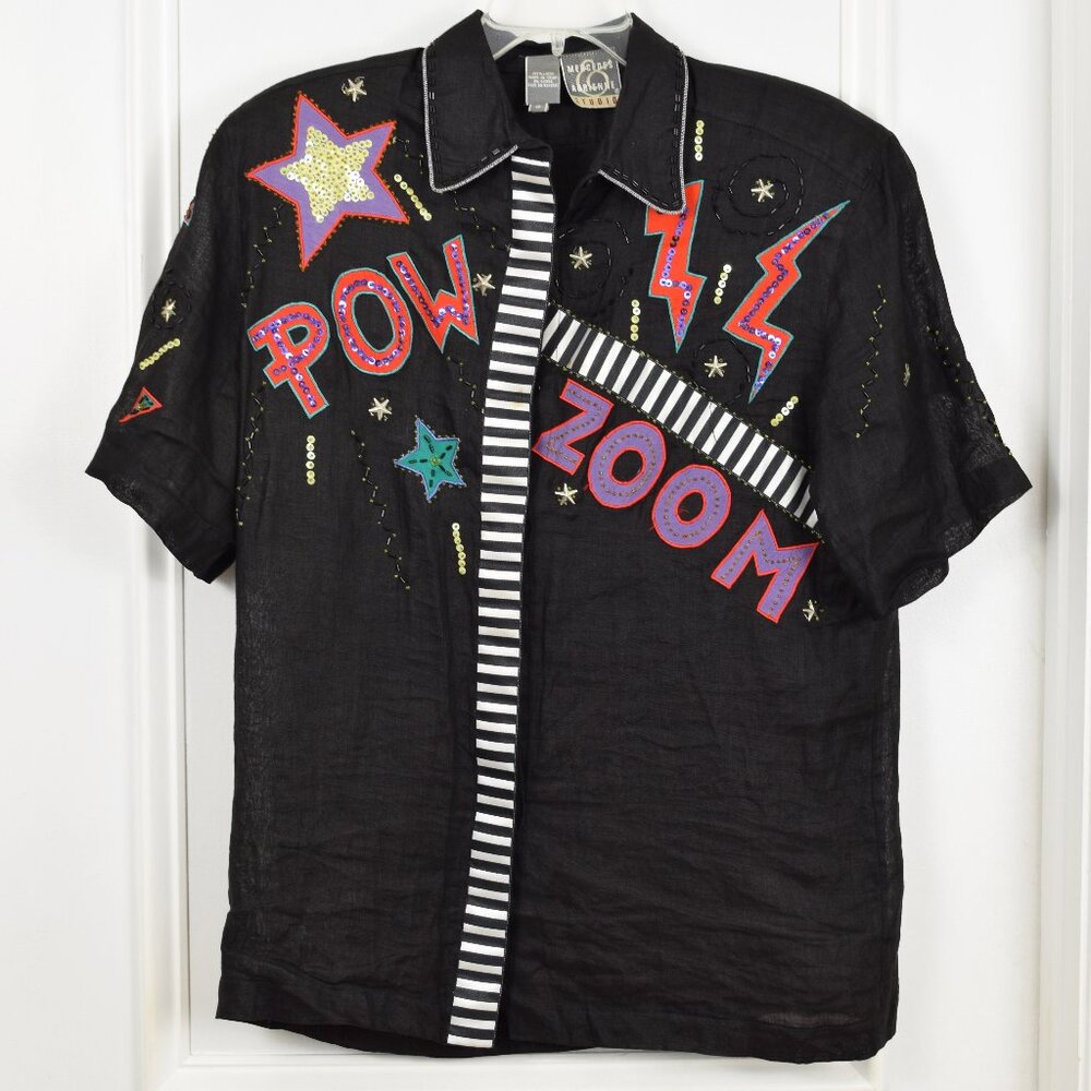 VTG 80s Mercedes Adrienne Top Women 12 Linen Comic Pop Art Embellished Pow Bang